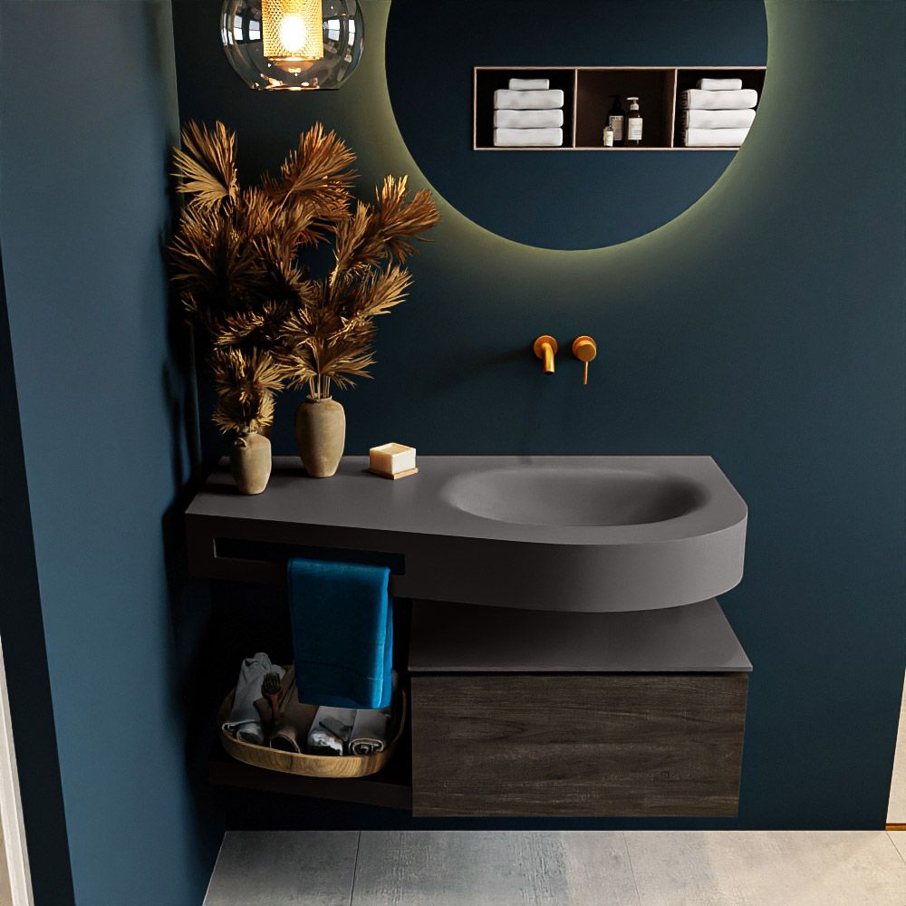 MONDIAZ RIVA 100cm mueble de baño / estante color Dark Brown con 1 cajón. Lavabo DULCET Derecho sin orificio, color Dark Grey. - Imagen 3