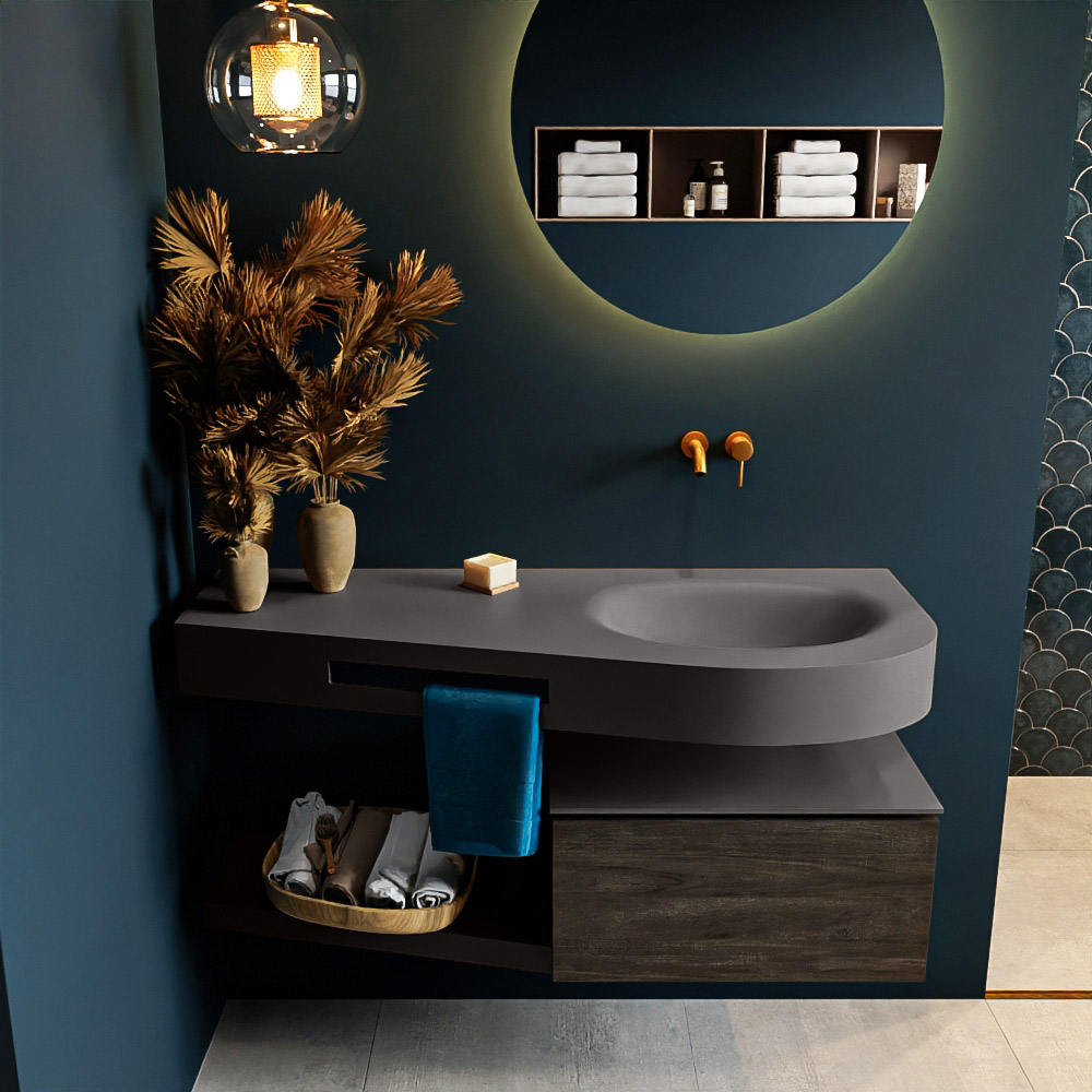 MONDIAZ RIVA 120cm mueble de baño / estante color Dark Brown con 1 cajón. Lavabo DULCET Derecho sin orificio, color Dark Grey. 3 MONDIAZ RIVA 120cm mueble de baño / estante color Dark Brown con 1 cajón. Lavabo DULCET Derecho sin orificio, color Dark Grey. - Imagen 3