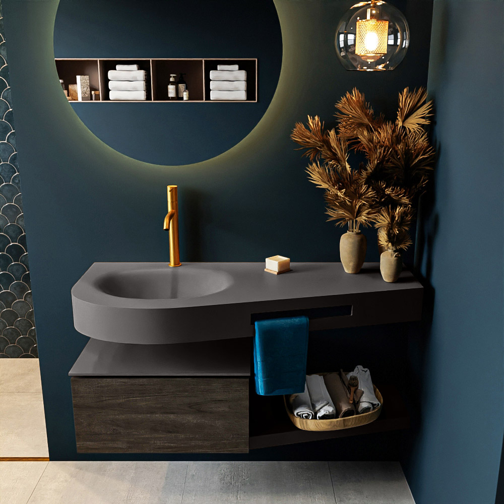 MONDIAZ RIVA 120cm mueble de baño / estante color Dark Brown con 1 cajón. Lavabo DULCET Izquierda 1 orificio, color Dark Grey. - Imagen 3