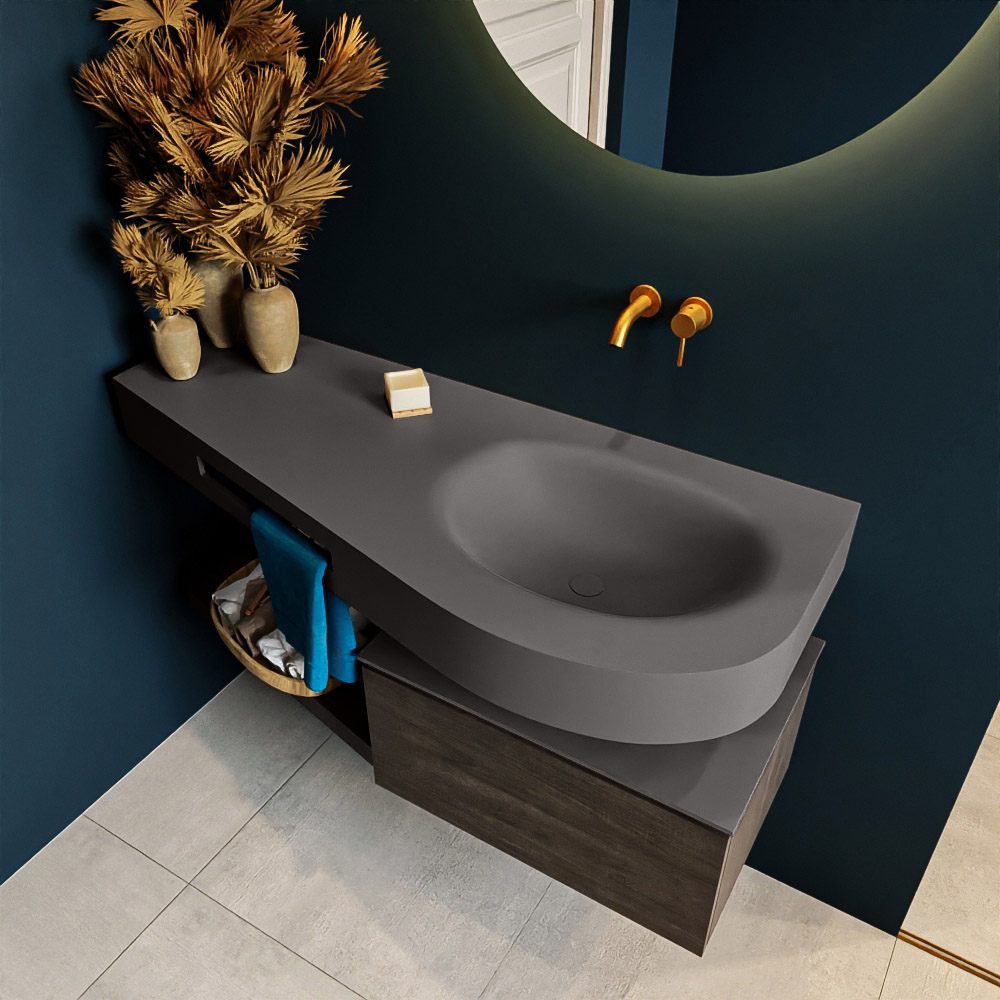 MONDIAZ RIVA 120cm mueble de baño / estante color Dark Brown con 1 cajón. Lavabo DULCET Derecho sin orificio, color Dark Grey. 2 color Dark Grey.