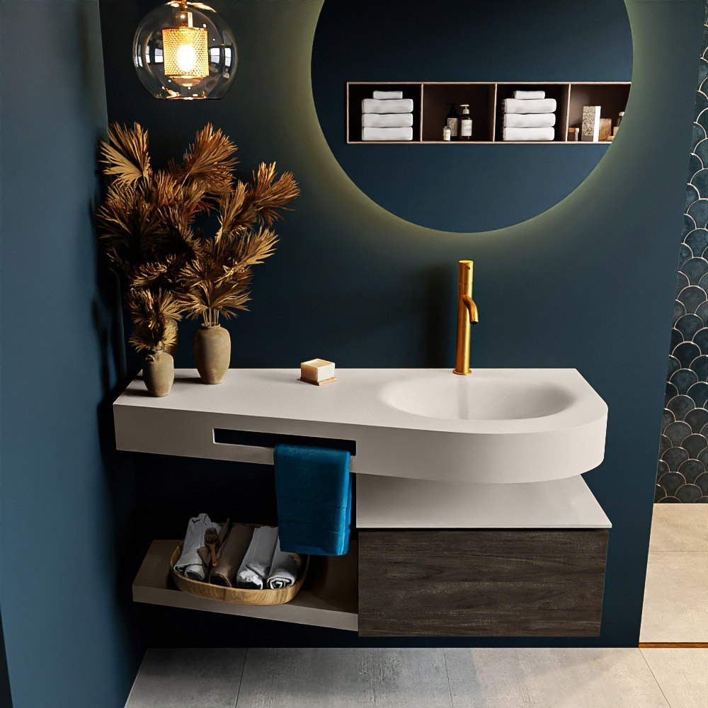 MONDIAZ RIVA 120cm mueble de baño / estante color Dark Brown con 1 cajón. Lavabo DULCET Derecho 1 orificio, color Linen. 3 MONDIAZ RIVA 120cm mueble de baño / estante color Dark Brown con 1 cajón. Lavabo DULCET Derecho 1 orificio, color Linen. - Imagen 3
