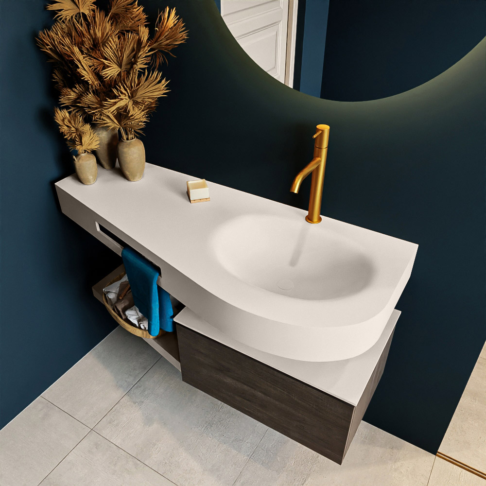 MONDIAZ RIVA 120cm mueble de baño / estante color Dark Brown con 1 cajón. Lavabo DULCET Derecho 1 orificio, color Linen. 2 color Linen.
