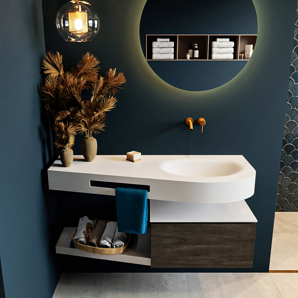 MONDIAZ RIVA 120cm mueble de baño / estante color Dark Brown con 1 cajón. Lavabo DULCET Derecho sin orificio, color Talc. 3 MONDIAZ RIVA 120cm mueble de baño / estante color Dark Brown con 1 cajón. Lavabo DULCET Derecho sin orificio, color Talc. - Imagen 3