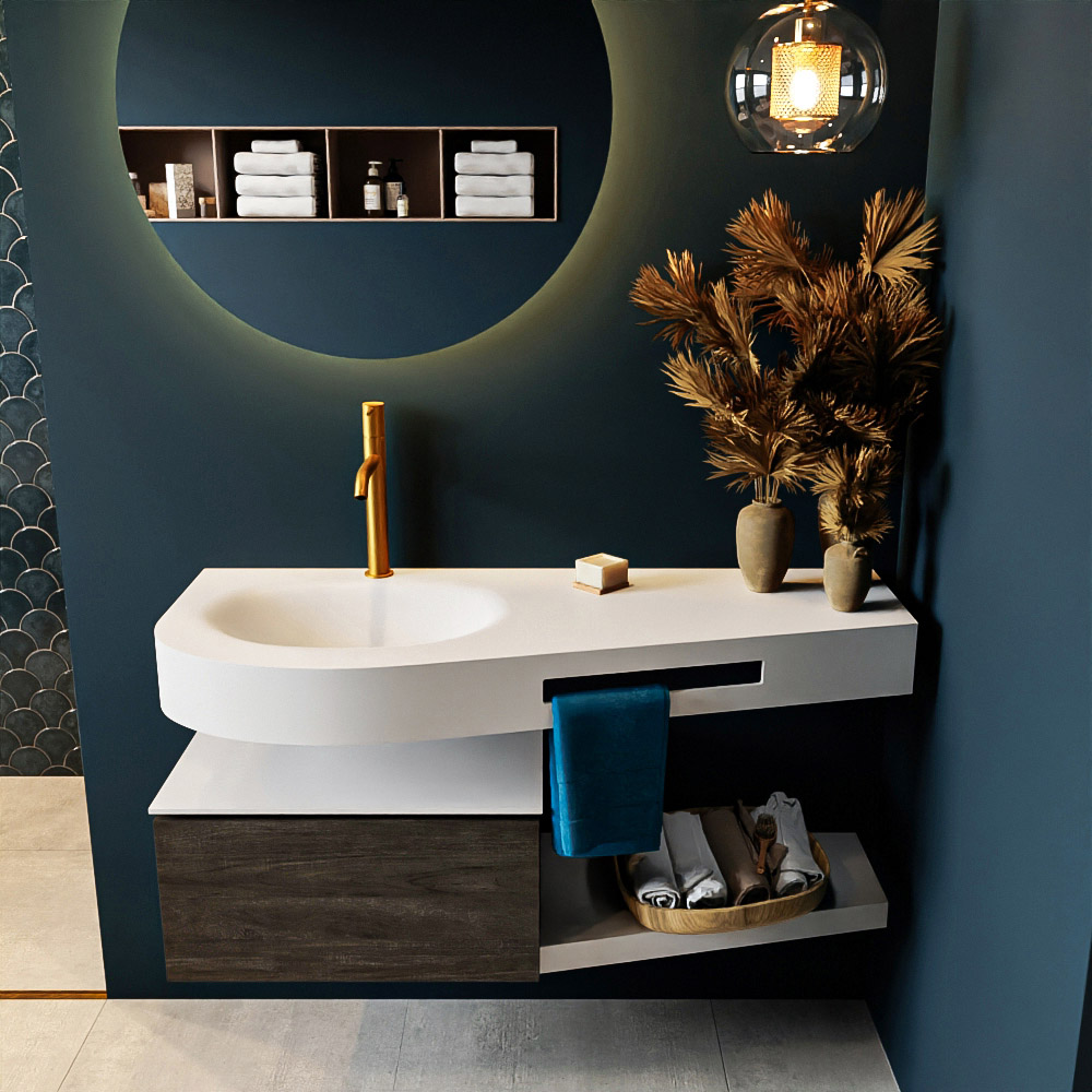 MONDIAZ RIVA 120cm mueble de baño / estante color Dark Brown con 1 cajón. Lavabo DULCET Izquierda 1 orificio, color Talc. 3 MONDIAZ RIVA 120cm mueble de baño / estante color Dark Brown con 1 cajón. Lavabo DULCET Izquierda 1 orificio, color Talc. - Imagen 3