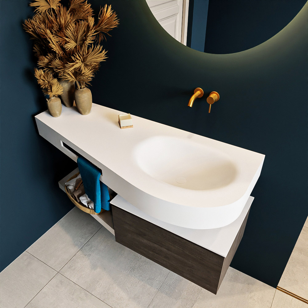MONDIAZ RIVA 120cm mueble de baño / estante color Dark Brown con 1 cajón. Lavabo DULCET Derecho sin orificio, color Talc. 2 color Talc.