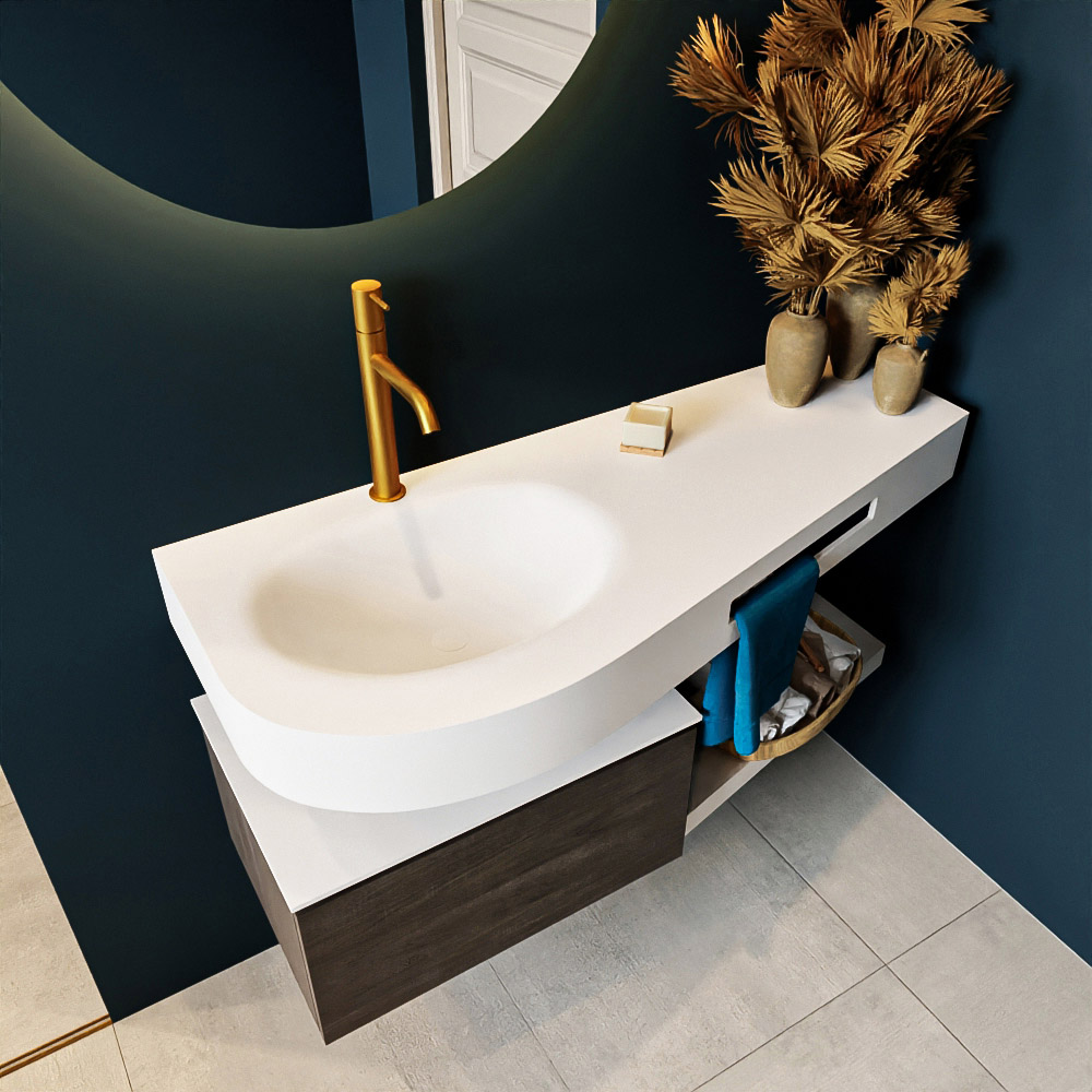MONDIAZ RIVA 120cm mueble de baño / estante color Dark Brown con 1 cajón. Lavabo DULCET Izquierda 1 orificio, color Talc. 2 color Talc.