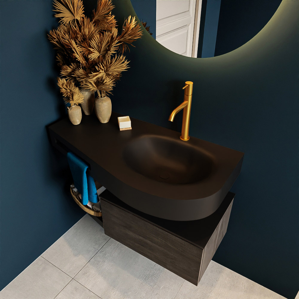 MONDIAZ RIVA 100cm mueble de baño / estante color Dark Brown con 1 cajón. Lavabo DULCET Derecho 1 orificio, color Urban. 2 color Urban.