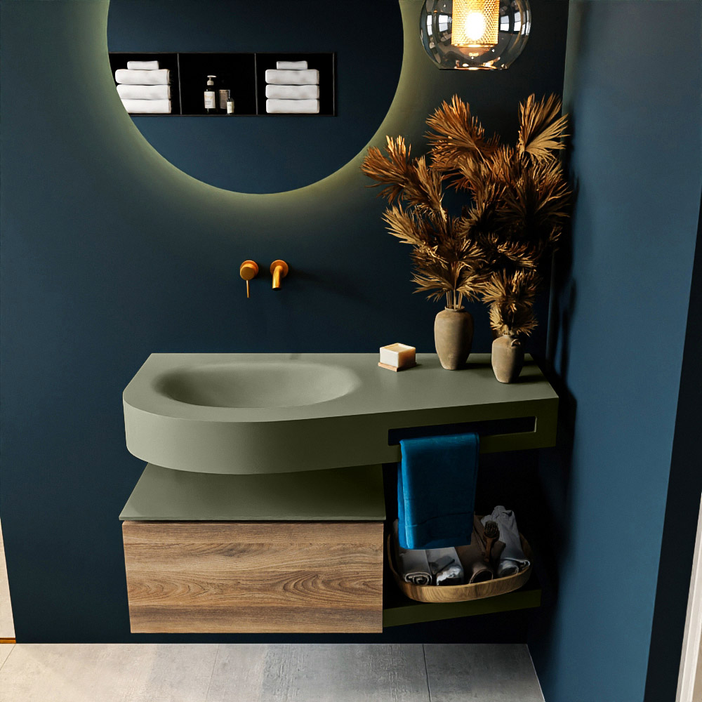 MONDIAZ RIVA 100cm mueble de baño / estante color Dark Brown Grey con 1 cajón. Lavabo DULCET Izquierda sin orificio, color Army. - Imagen 3