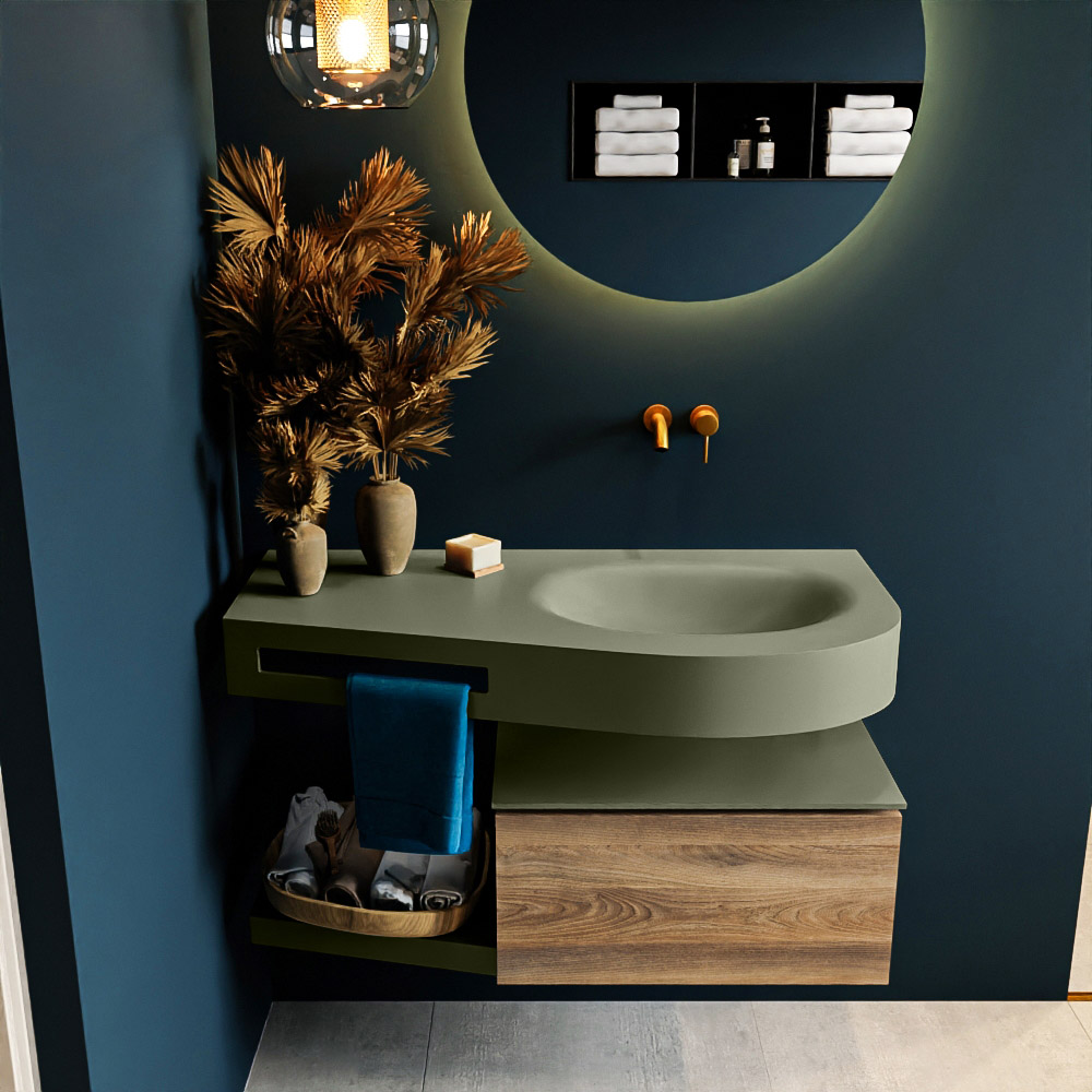 MONDIAZ RIVA 100cm mueble de baño / estante color Dark Brown Grey con 1 cajón. Lavabo DULCET Derecho sin orificio, color Army. - Imagen 3