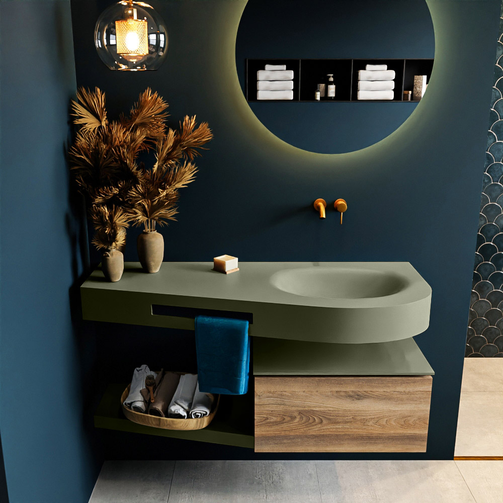 MONDIAZ RIVA 120cm mueble de baño / estante color Dark Brown Grey con 1 cajón. Lavabo DULCET Derecho sin orificio, color Army. - Imagen 3