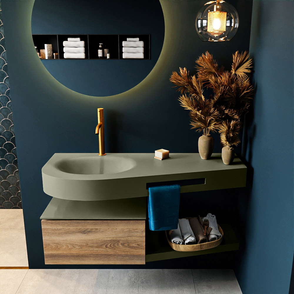 MONDIAZ RIVA 120cm mueble de baño / estante color Dark Brown Grey con 1 cajón. Lavabo DULCET Izquierda 1 orificio, color Army. - Imagen 3