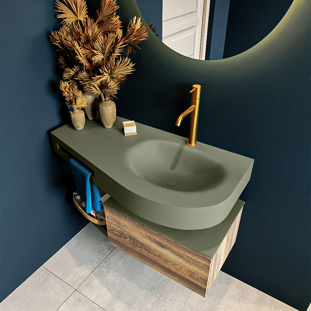 MONDIAZ RIVA 100cm mueble de baño / estante color Dark Brown Grey con 1 cajón. Lavabo DULCET Derecho 1 orificio, color Army. 2 color Army.