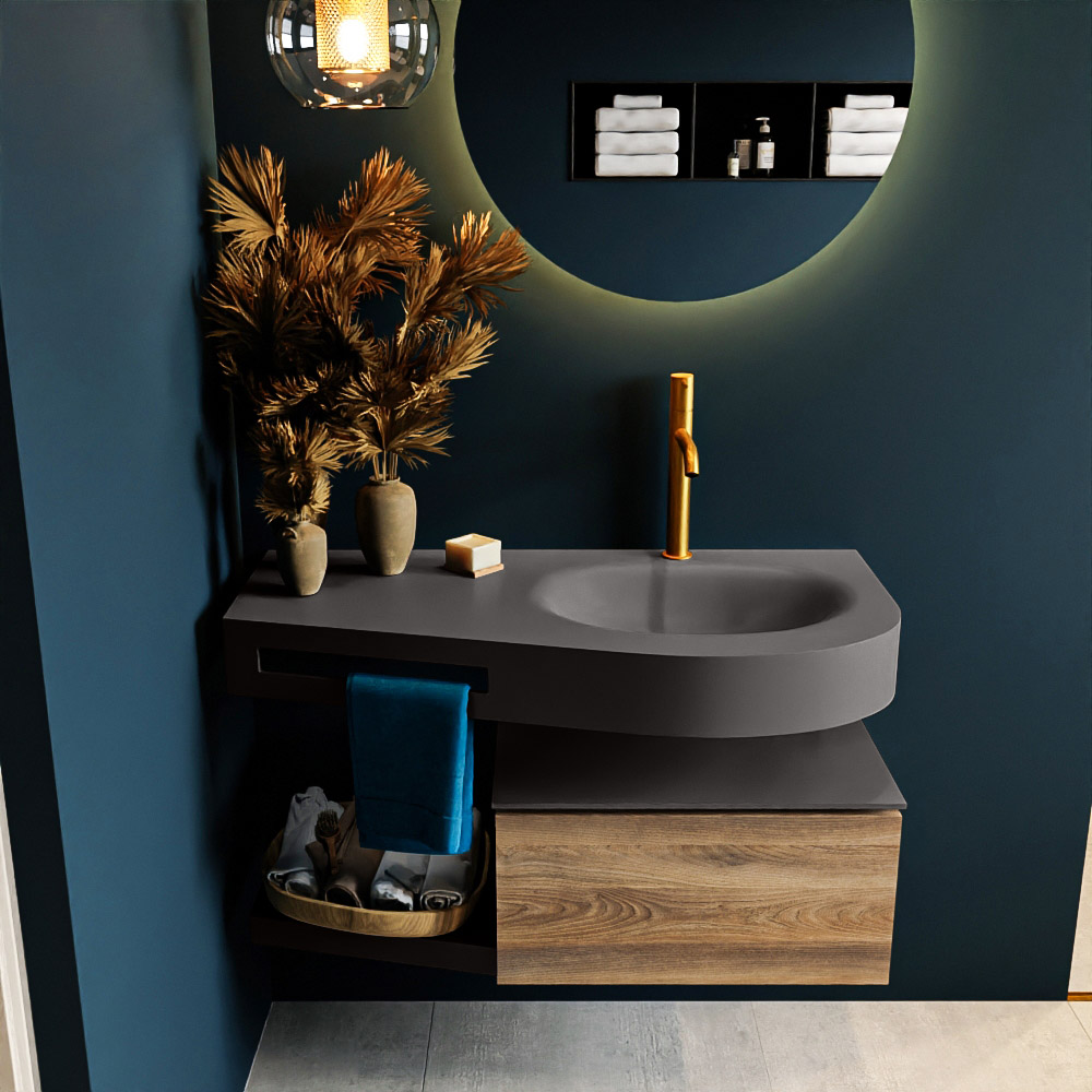 MONDIAZ RIVA 100cm mueble de baño / estante color Dark Brown Grey con 1 cajón. Lavabo DULCET Derecho 1 orificio, color Dark Grey. - Imagen 3