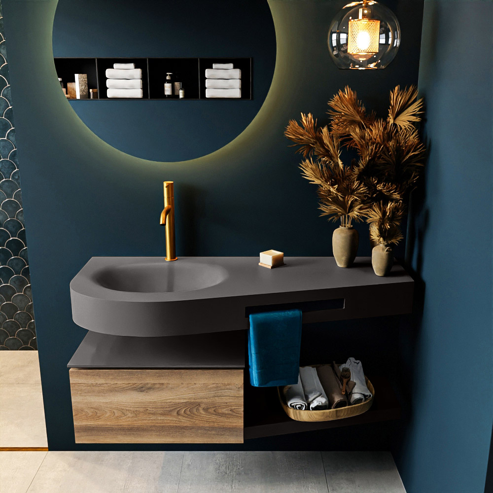 MONDIAZ RIVA 120cm mueble de baño / estante color Dark Brown Grey con 1 cajón. Lavabo DULCET Izquierda 1 orificio, color Dark Grey. - Imagen 3
