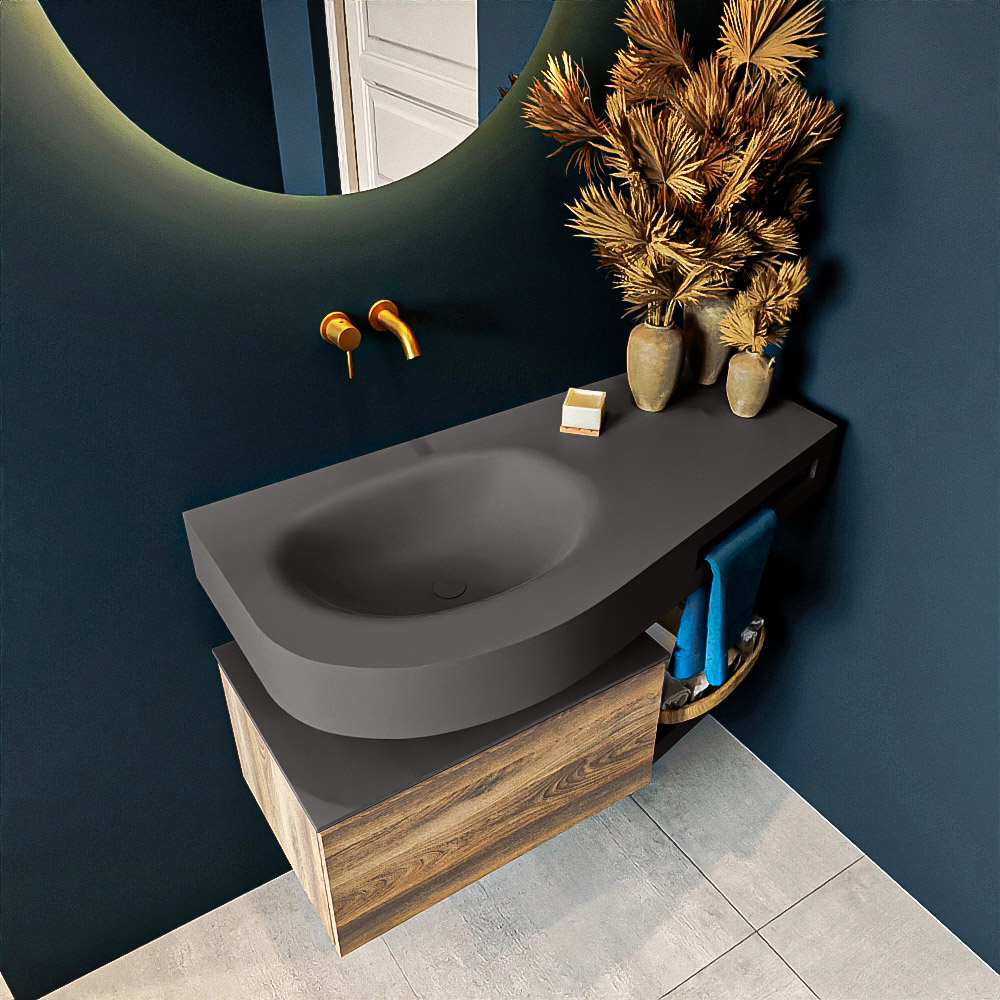 MONDIAZ RIVA 100cm mueble de baño / estante color Dark Brown Grey con 1 cajón. Lavabo DULCET Izquierda sin orificio, color Dark Grey. 2 color Dark Grey.