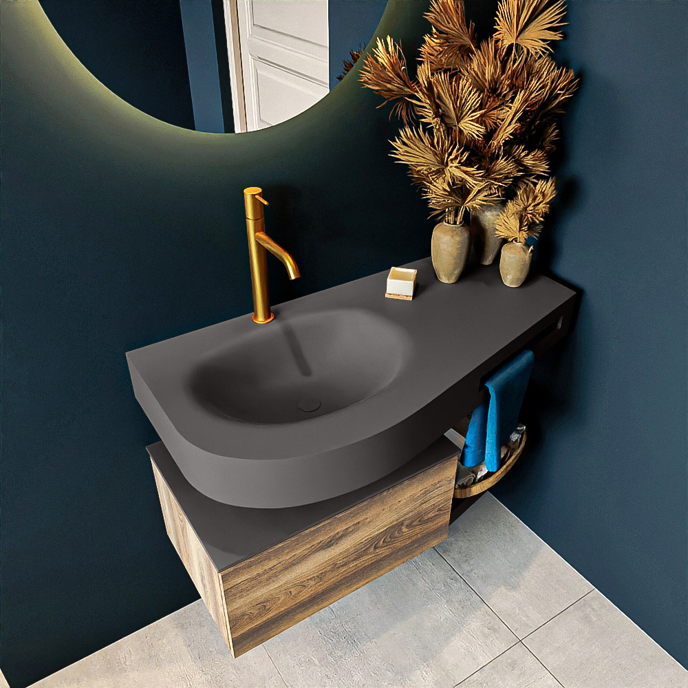 MONDIAZ RIVA 100cm mueble de baño / estante color Dark Brown Grey con 1 cajón. Lavabo DULCET Izquierda 1 orificio, color Dark Grey. 2 color Dark Grey.