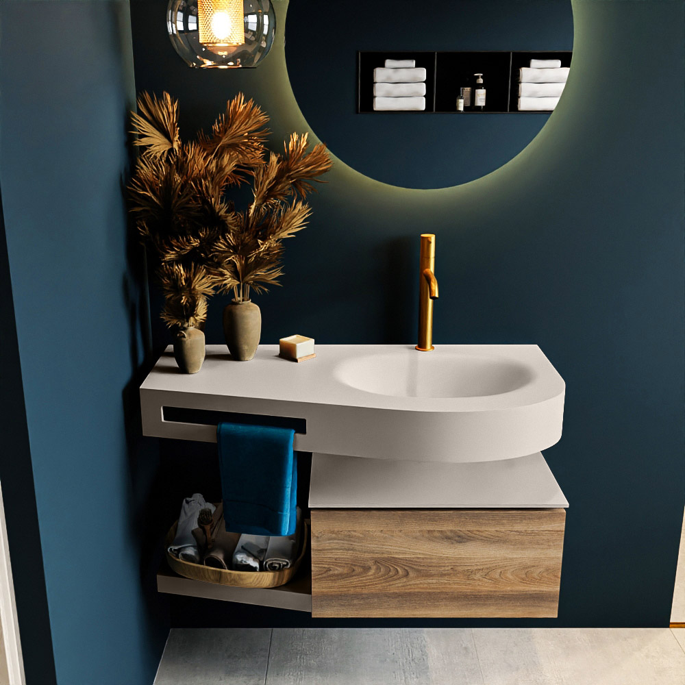 MONDIAZ RIVA 100cm mueble de baño / estante color Dark Brown Grey con 1 cajón. Lavabo DULCET Derecho 1 orificio, color Linen. - Imagen 3