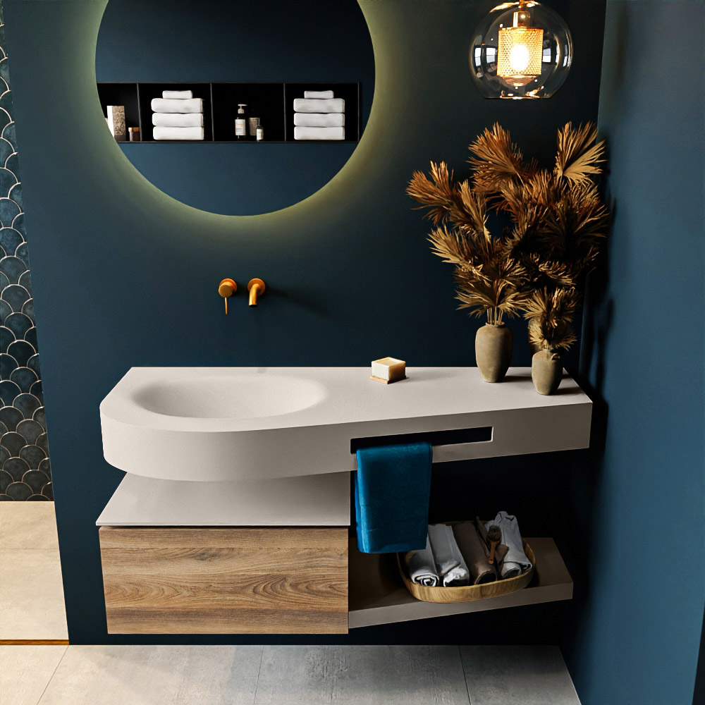 MONDIAZ RIVA 120cm mueble de baño / estante color Dark Brown Grey con 1 cajón. Lavabo DULCET Izquierda sin orificio, color Linen. - Imagen 3