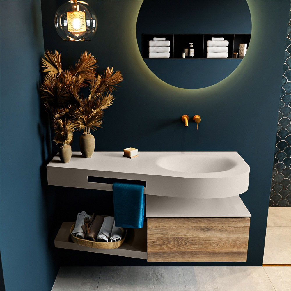 MONDIAZ RIVA 120cm mueble de baño / estante color Dark Brown Grey con 1 cajón. Lavabo DULCET Derecho sin orificio, color Linen. - Imagen 3