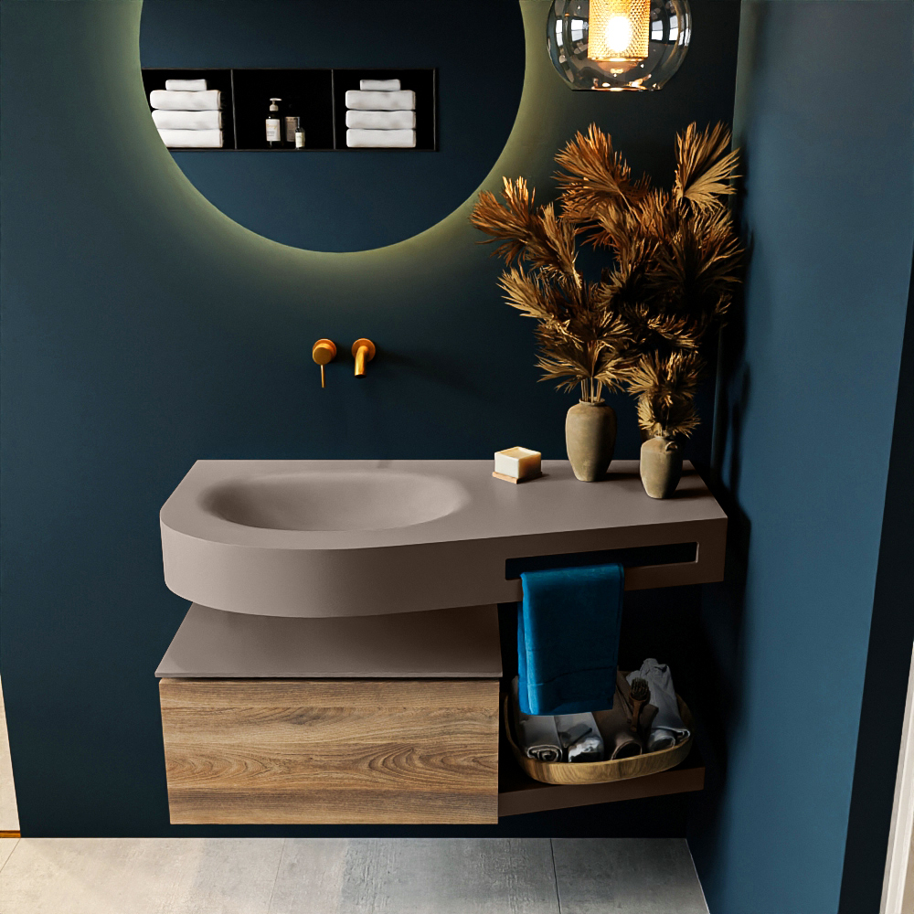 MONDIAZ RIVA 100cm mueble de baño / estante color Dark Brown Grey con 1 cajón. Lavabo DULCET Izquierda sin orificio, color Smoke. - Imagen 3
