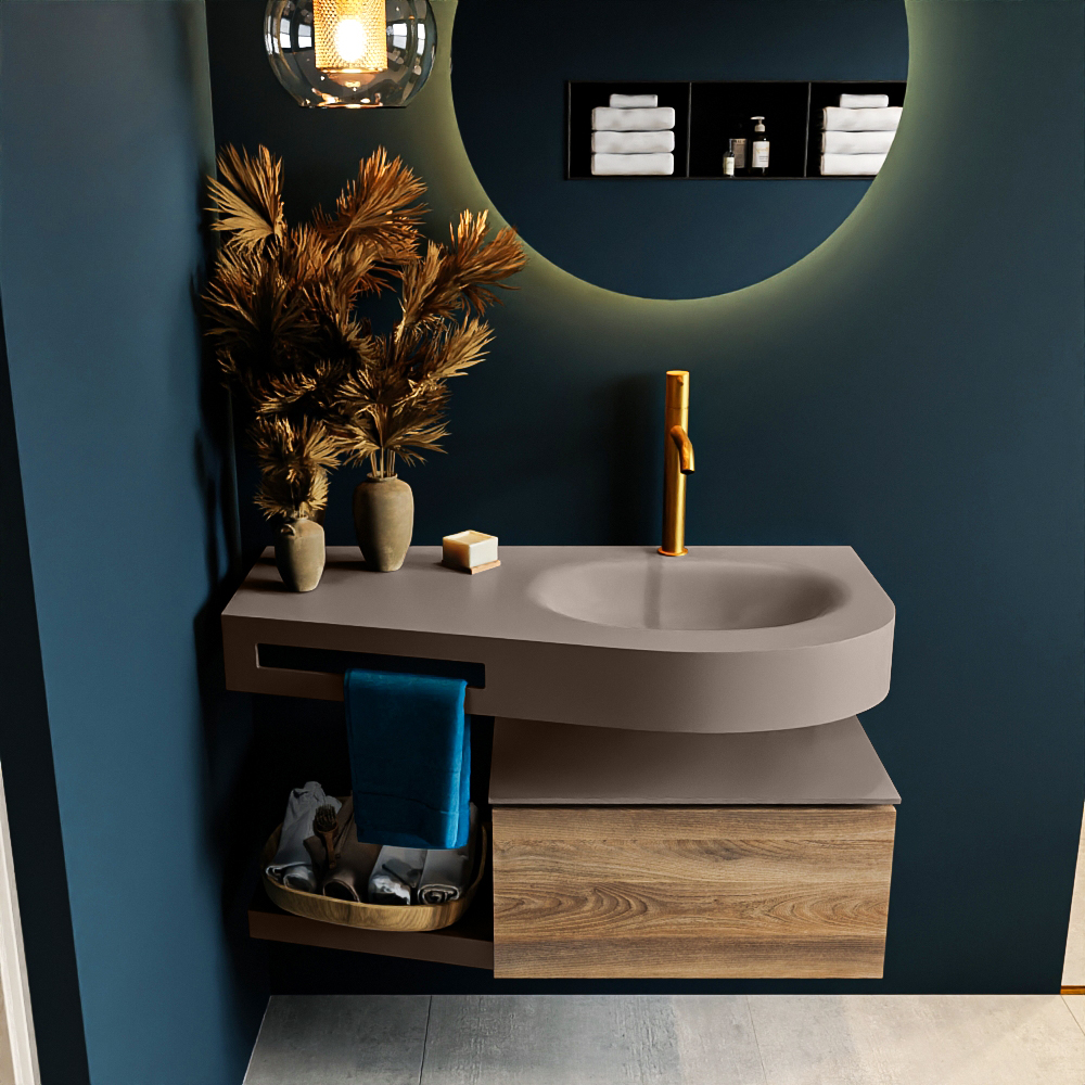 MONDIAZ RIVA 100cm mueble de baño / estante color Dark Brown Grey con 1 cajón. Lavabo DULCET Derecho 1 orificio, color Smoke. - Imagen 3