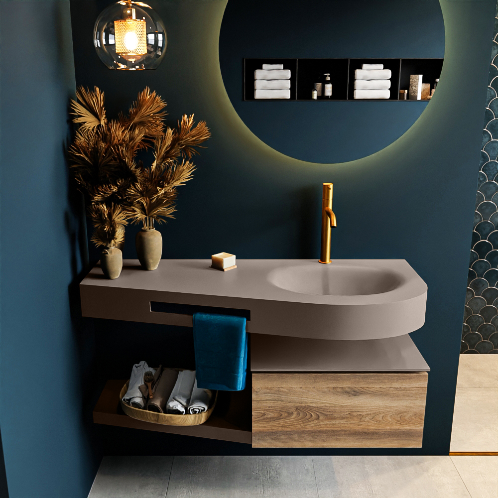 MONDIAZ RIVA 120cm mueble de baño / estante color Dark Brown Grey con 1 cajón. Lavabo DULCET Derecho 1 orificio, color Smoke. - Imagen 3