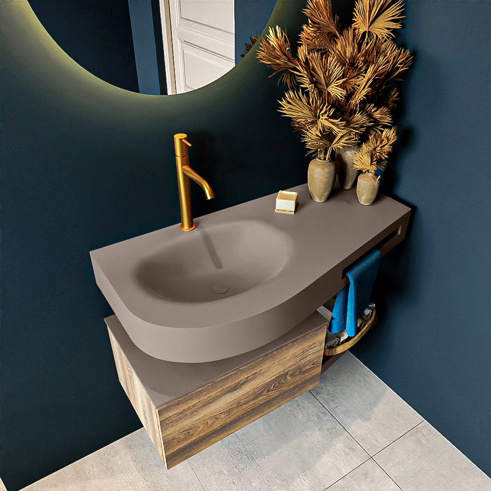 MONDIAZ RIVA 100cm mueble de baño / estante color Dark Brown Grey con 1 cajón. Lavabo DULCET Izquierda 1 orificio, color Smoke. 2 color Smoke.