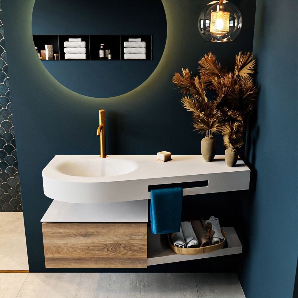 MONDIAZ RIVA 120cm mueble de baño / estante color Dark Brown Grey con 1 cajón. Lavabo DULCET Izquierda 1 orificio, color Talc. - Imagen 3