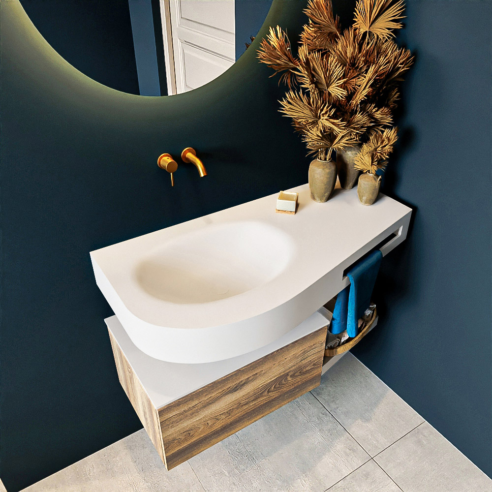MONDIAZ RIVA 100cm mueble de baño / estante color Dark Brown Grey con 1 cajón. Lavabo DULCET Izquierda sin orificio, color Talc. 2 color Talc.