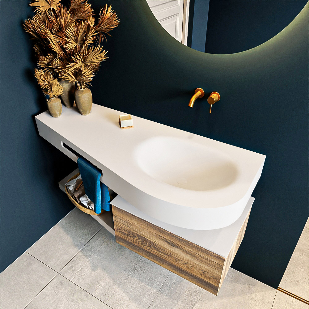 MONDIAZ RIVA 120cm mueble de baño / estante color Dark Brown Grey con 1 cajón. Lavabo DULCET Derecho sin orificio, color Talc. 2 color Talc.