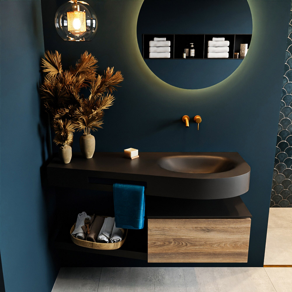 MONDIAZ RIVA 120cm mueble de baño / estante color Dark Brown Grey con 1 cajón. Lavabo DULCET Derecho sin orificio, color Urban. - Imagen 3