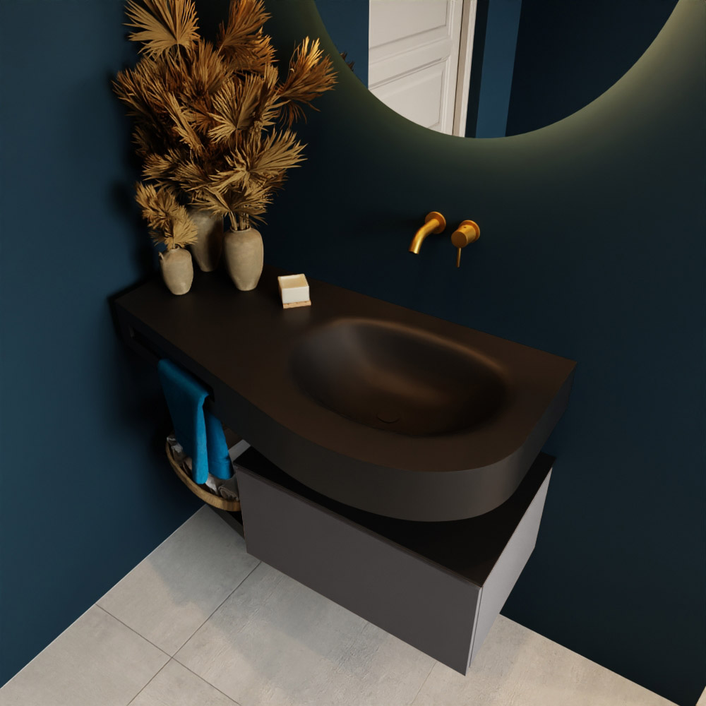 MONDIAZ RIVA 100cm mueble de baño / estante color Dark Grey con 1 cajón. Lavabo DULCET Derecho sin orificio, color Urban. 2 color Urban.