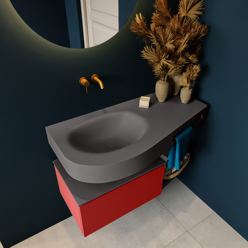 MONDIAZ RIVA 100cm mueble de baño / estante color Fire con 1 cajón. Lavabo DULCET Izquierda sin orificio, color Dark Grey. 2 color Dark Grey.