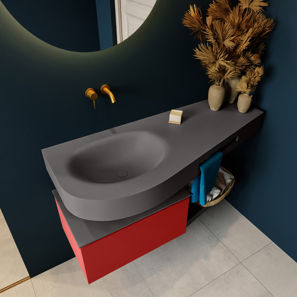 MONDIAZ RIVA 120cm mueble de baño / estante color Fire con 1 cajón. Lavabo DULCET Izquierda sin orificio, color Dark Grey. 2 color Dark Grey.