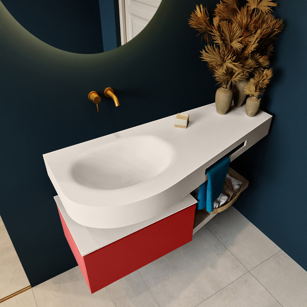 MONDIAZ RIVA 120cm mueble de baño / estante color Fire con 1 cajón. Lavabo DULCET Izquierda sin orificio, color Linen. 2 color Linen.