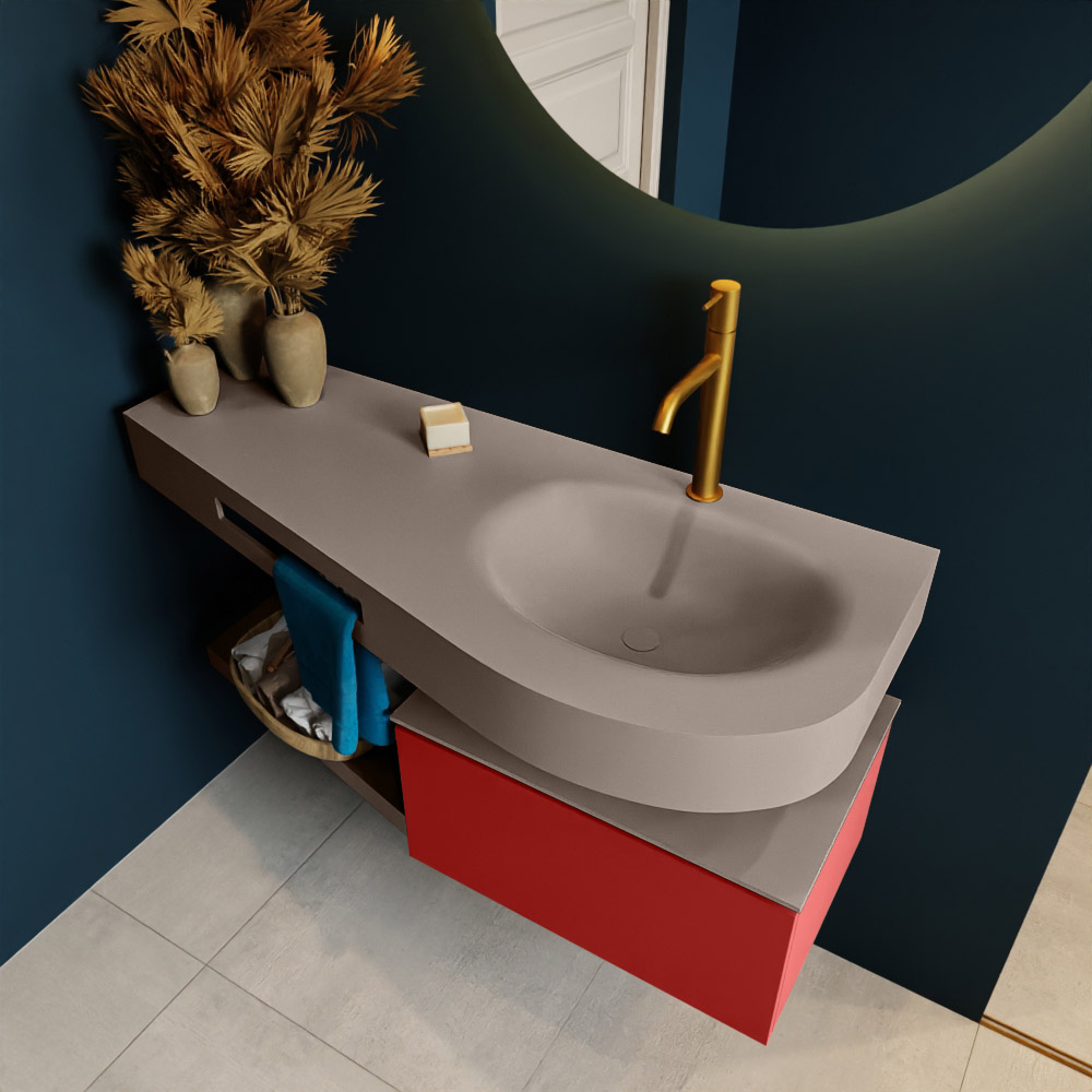 MONDIAZ RIVA 120cm mueble de baño / estante color Fire con 1 cajón. Lavabo DULCET Derecho 1 orificio, color Smoke. 2 color Smoke.