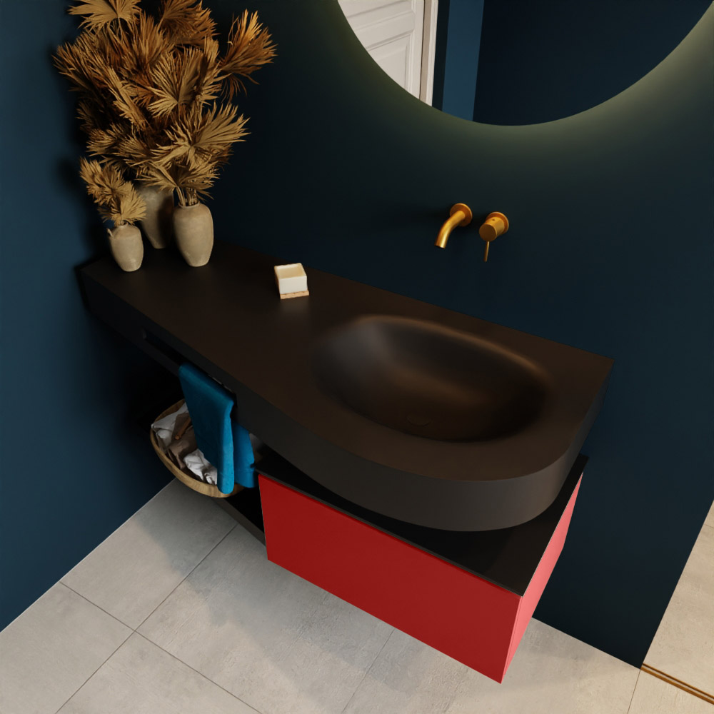 MONDIAZ RIVA 120cm mueble de baño / estante color Fire con 1 cajón. Lavabo DULCET Derecho sin orificio, color Urban. 2 color Urban.