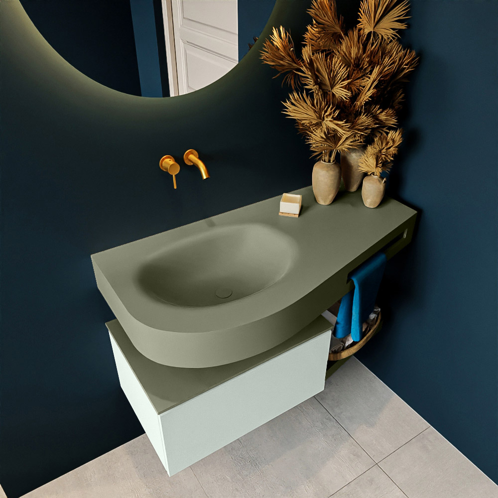 MONDIAZ RIVA 100cm mueble de baño / estante color Greey con 1 cajón. Lavabo DULCET Izquierda sin orificio, color Army. 2 color Army.