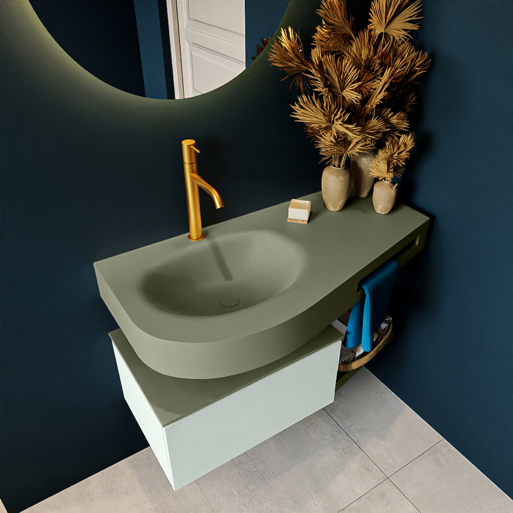 MONDIAZ RIVA 100cm mueble de baño / estante color Greey con 1 cajón. Lavabo DULCET Izquierda 1 orificio, color Army. 2 color Army.