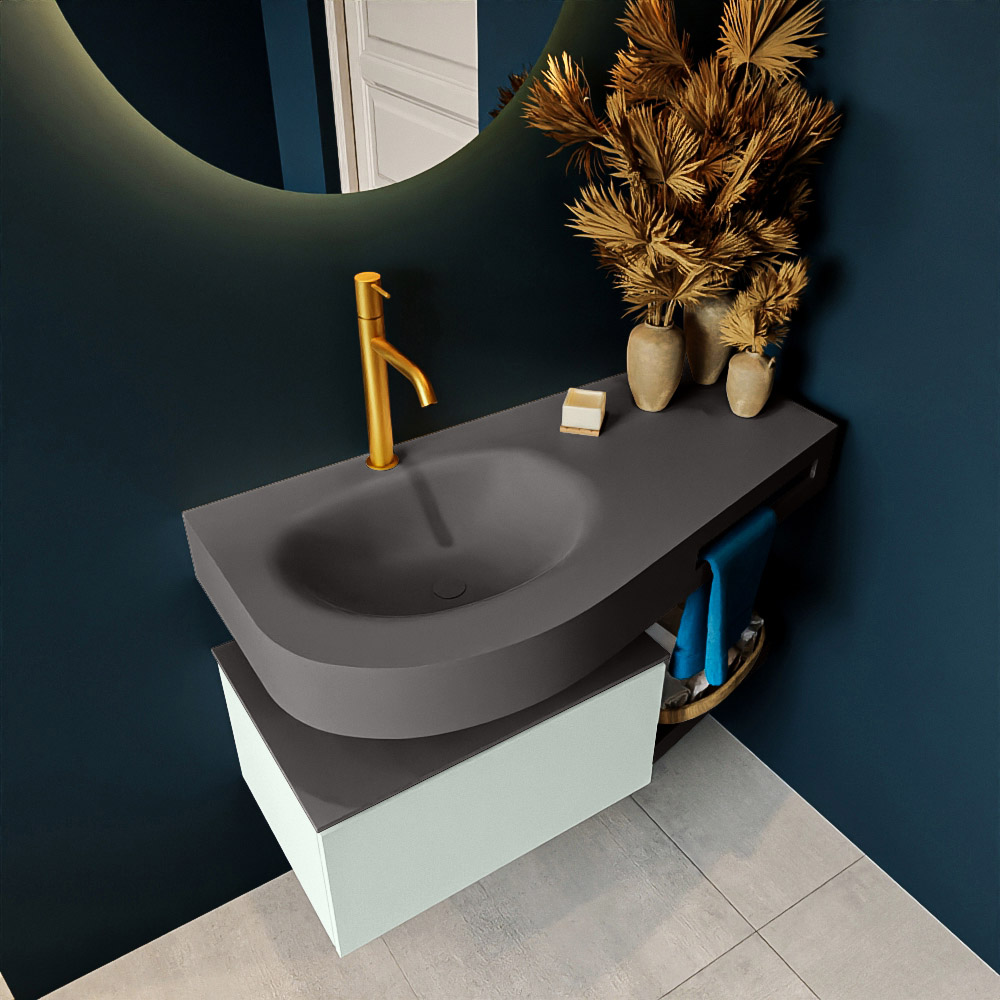 MONDIAZ RIVA 100cm mueble de baño / estante color Greey con 1 cajón. Lavabo DULCET Izquierda 1 orificio, color Dark Grey. 2 color Dark Grey.