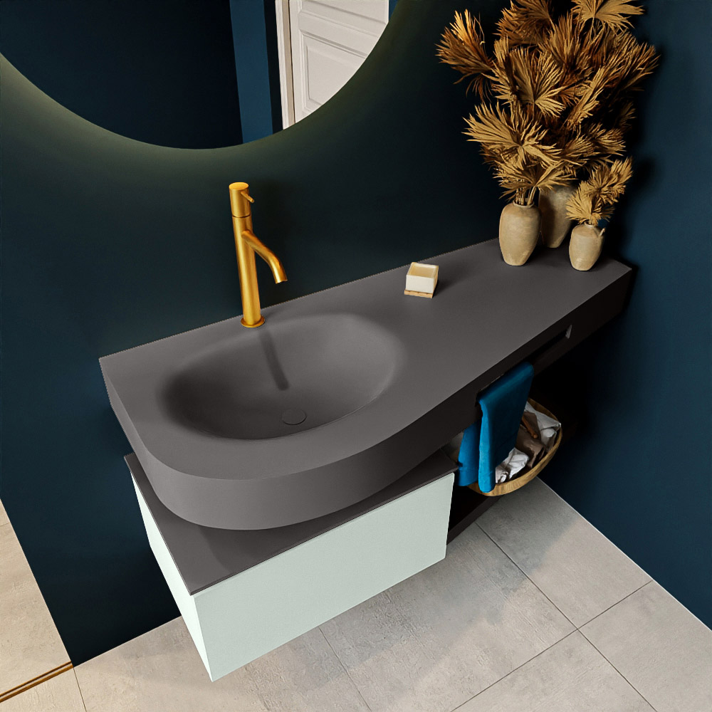MONDIAZ RIVA 120cm mueble de baño / estante color Greey con 1 cajón. Lavabo DULCET Izquierda 1 orificio, color Dark Grey. 2 color Dark Grey.