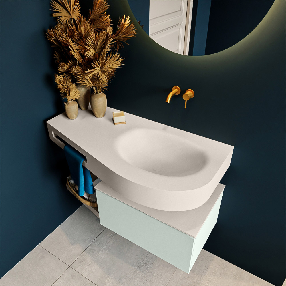 MONDIAZ RIVA 100cm mueble de baño / estante color Greey con 1 cajón. Lavabo DULCET Derecho sin orificio, color Linen. 2 color Linen.