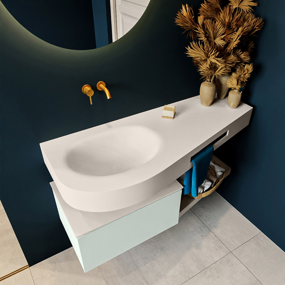 MONDIAZ RIVA 120cm mueble de baño / estante color Greey con 1 cajón. Lavabo DULCET Izquierda sin orificio, color Linen. 2 color Linen.