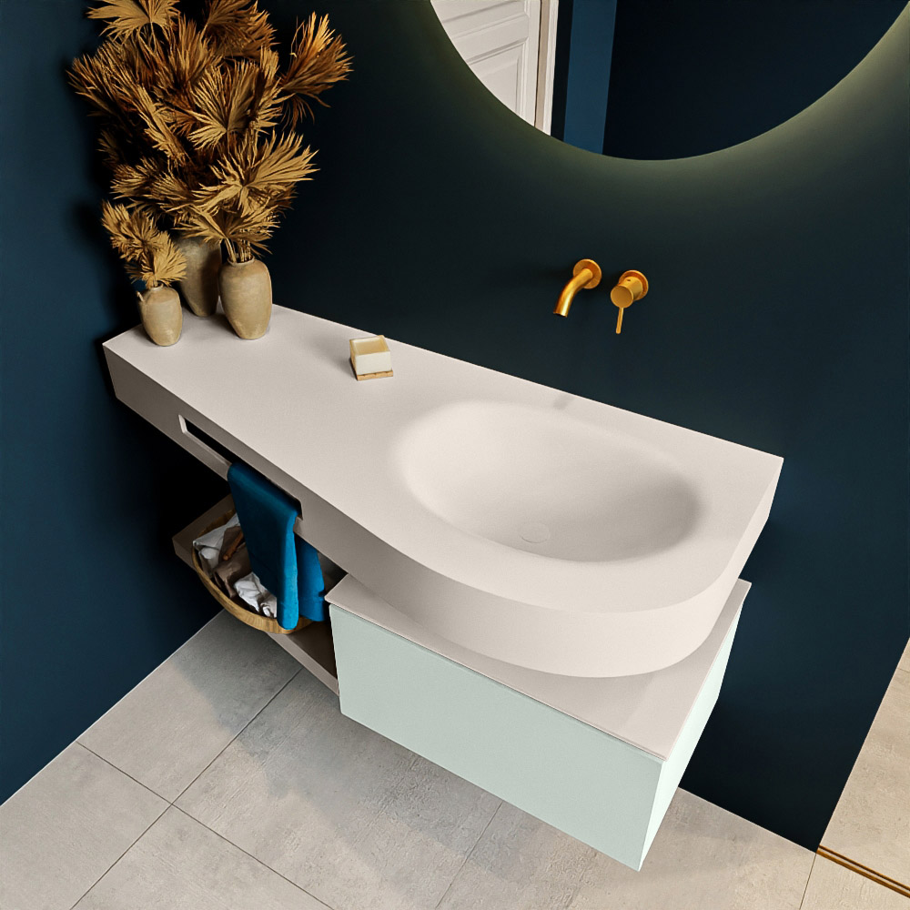 MONDIAZ RIVA 120cm mueble de baño / estante color Greey con 1 cajón. Lavabo DULCET Derecho sin orificio, color Linen. 2 color Linen.
