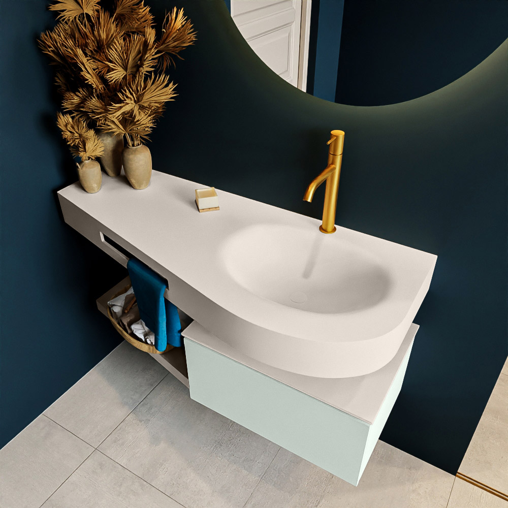 MONDIAZ RIVA 120cm mueble de baño / estante color Greey con 1 cajón. Lavabo DULCET Derecho 1 orificio, color Linen. 2 color Linen.