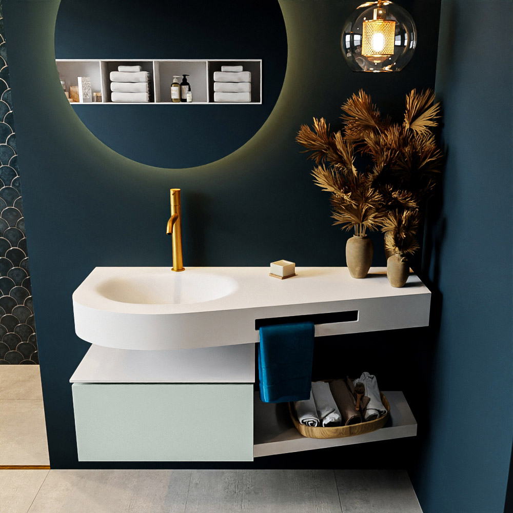 MONDIAZ RIVA 120cm mueble de baño / estante color Greey con 1 cajón. Lavabo DULCET Izquierda 1 orificio, color Talc. 3 MONDIAZ RIVA 120cm mueble de baño / estante color Greey con 1 cajón. Lavabo DULCET Izquierda 1 orificio, color Talc. - Imagen 3