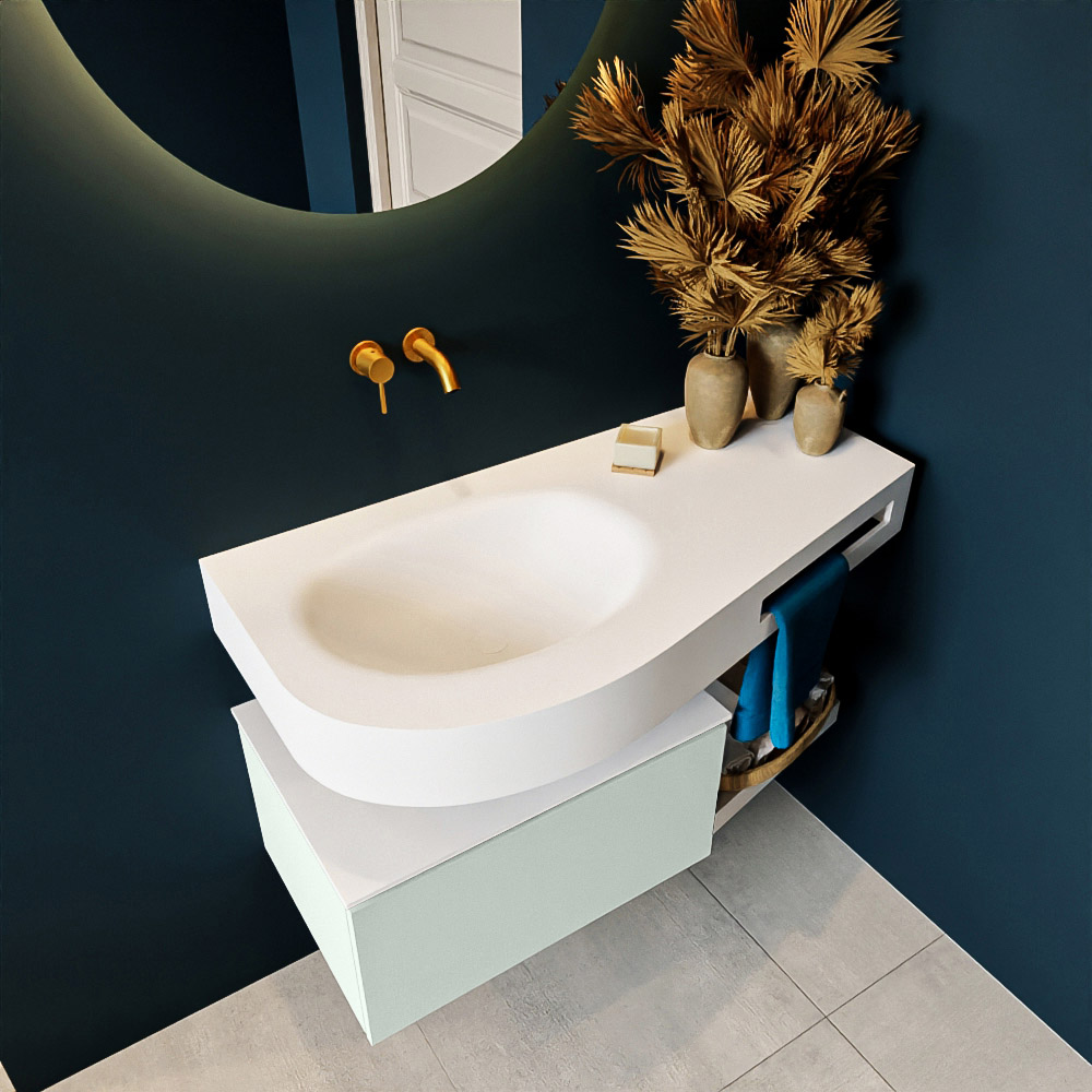 MONDIAZ RIVA 100cm mueble de baño / estante color Greey con 1 cajón. Lavabo DULCET Izquierda sin orificio, color Talc. 2 color Talc.