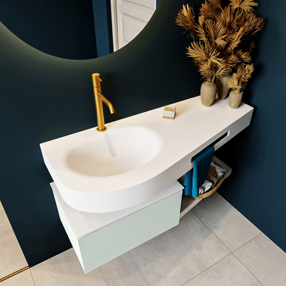 MONDIAZ RIVA 120cm mueble de baño / estante color Greey con 1 cajón. Lavabo DULCET Izquierda 1 orificio, color Talc. 2 color Talc.