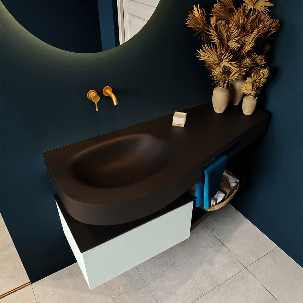 MONDIAZ RIVA 120cm mueble de baño / estante color Greey con 1 cajón. Lavabo DULCET Izquierda sin orificio, color Urban. 2 color Urban.