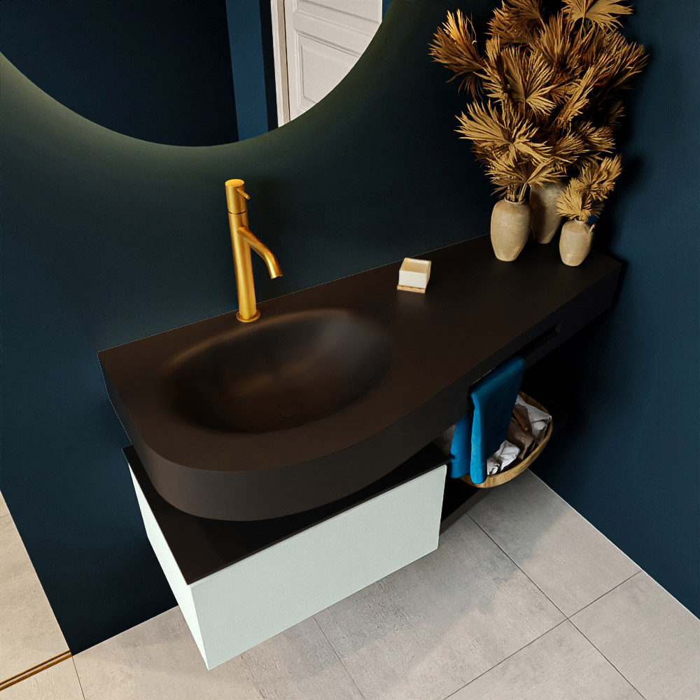MONDIAZ RIVA 120cm mueble de baño / estante color Greey con 1 cajón. Lavabo DULCET Izquierda 1 orificio, color Urban. 2 color Urban.